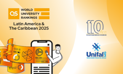 A imagem é um banner vibrante com fundo amarelo e laranja, anunciando o resultado da UNIFAL-MG no ranking QS World University Rankings da América Latina e do Caribe 2025.