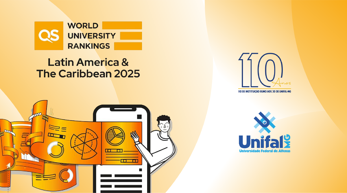 A imagem é um banner vibrante com fundo amarelo e laranja, anunciando o resultado da UNIFAL-MG no ranking QS World University Rankings da América Latina e do Caribe 2025.