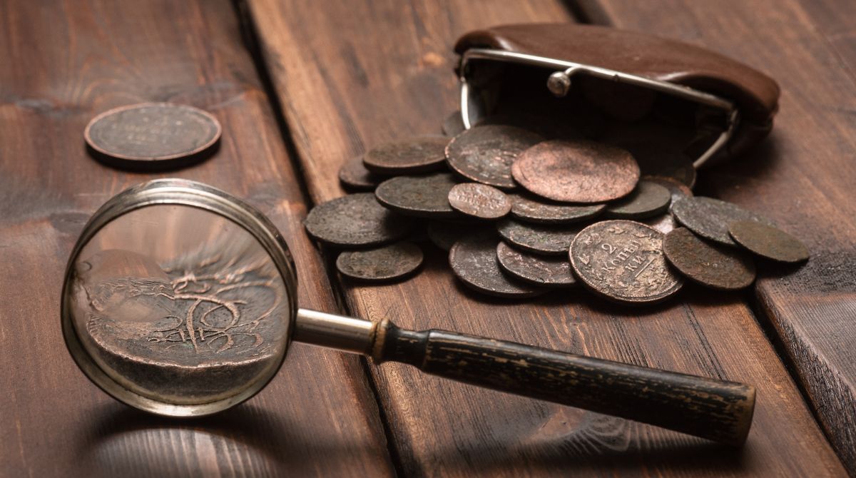 A imagem mostra uma mesa de madeira escura com um pequeno amontoado de moedas antigas espalhadas ao lado de um porta-moedas de couro marrom aberto. No primeiro plano, uma lupa com cabo de madeira está focada em uma das moedas, ampliando detalhes de sua gravura, que inclui símbolos e números pouco nítidos.