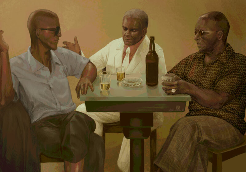 A imagem é uma arte em pintura que mostra três homens sentados em torno de uma mesa em um ambiente simples. Os homens são os sambistas Cartola, Ismael Silva e Mano Décio da Viola. Na mesa há uma garrafa de vidro marrom, dois copos com bebida amarela, um cinzeiro com bitucas de cigarro e luz suave em tons quentes, criando um clima nostálgico.